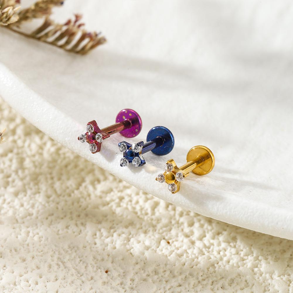 ASTM F136 Titanium Anodizing Four Petal Flower CZ Cartilage Earring 16G Internally Threaded Flat Back Labret Piercing Jewelry