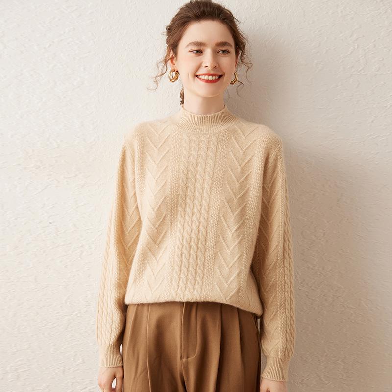 

New Women s Thickened Cashmere Sweater: Loose Knit, Semi-High Neck, Heavy Twist, Korean Style 2X Large