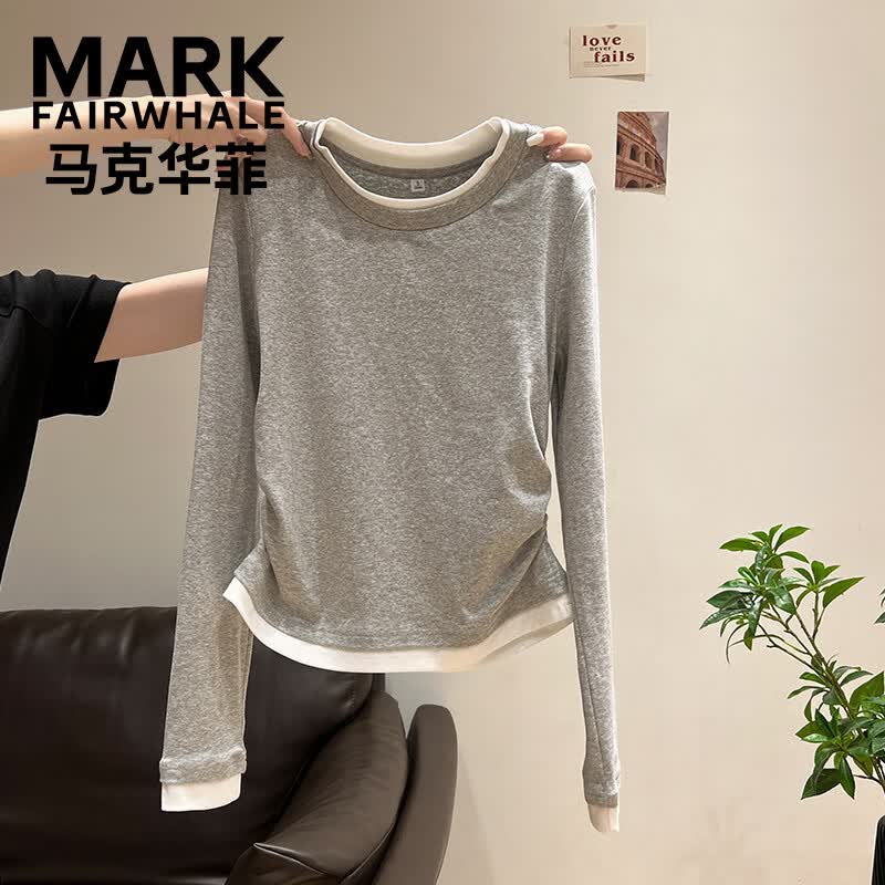 Mark Fairwhale Women's Crew Neck Faux Two-Piece Long Sleeve T-Shirt