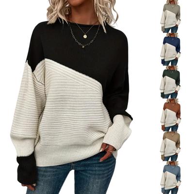 Women's Casual Round Neck Colorblock Pullover Sweater Loose Casual Long Sleeve Contrast Color Top