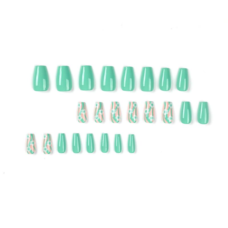Nail Art Wearing Nail Short Green Wave White Flower Wearing Nail Art Nail Piece Wearing Nail Piece