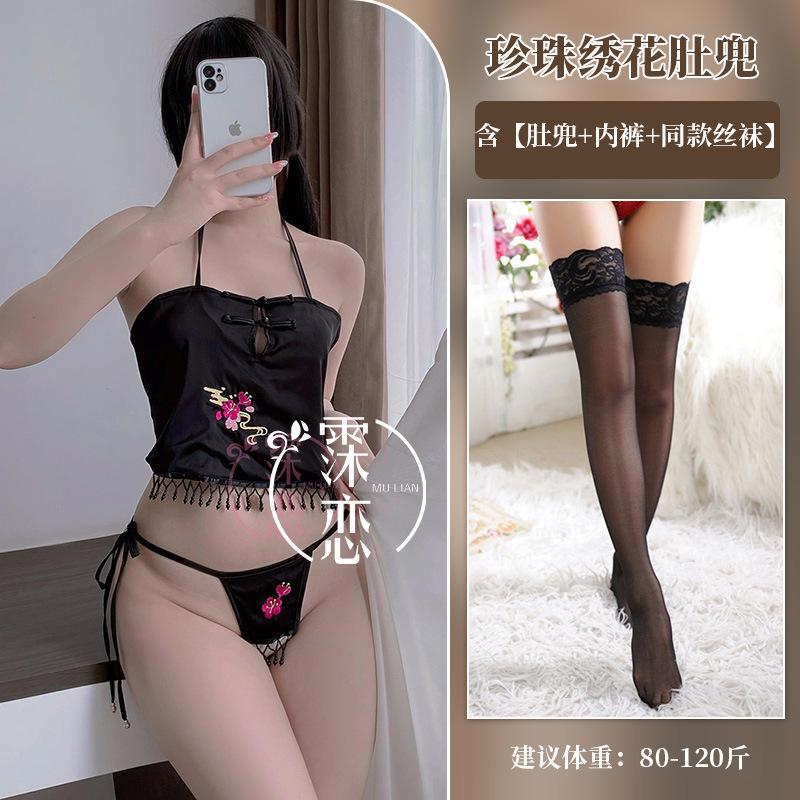 Sexy belly pocket pearl embroidered lace-up panties set classical hollow erotic underwear open-file uniform