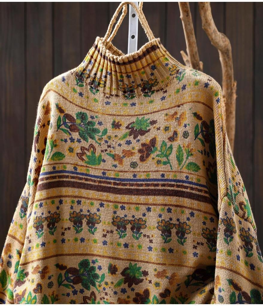 Women's Retro Style Printed Knit Sweater with Half-High Neck