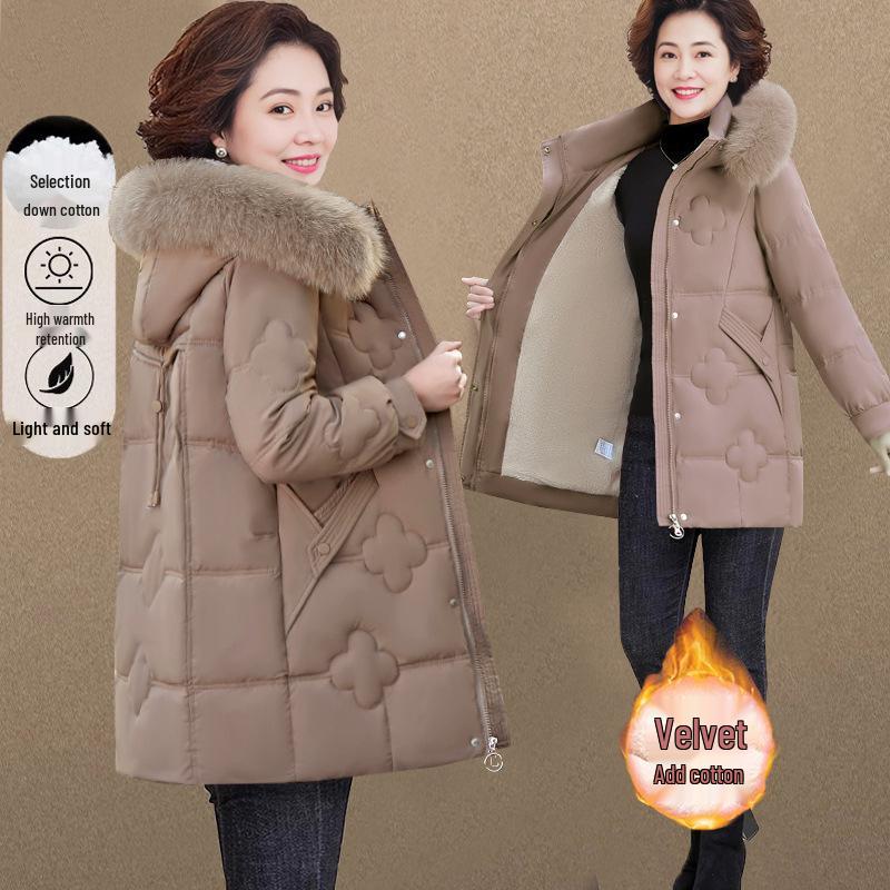 Mom's Mid-Length Fleece-Lined Down Cotton Coat - Petite, Middle-Aged & Elderly Women's Winter Jacket