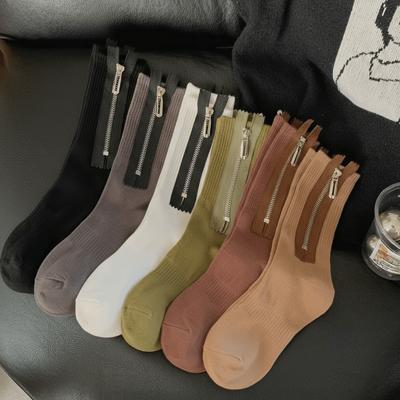 Street Style Metal Zipper Socks Sweat-absorbent Knitted Socks Fashion Mid-length Tube Socks  Women