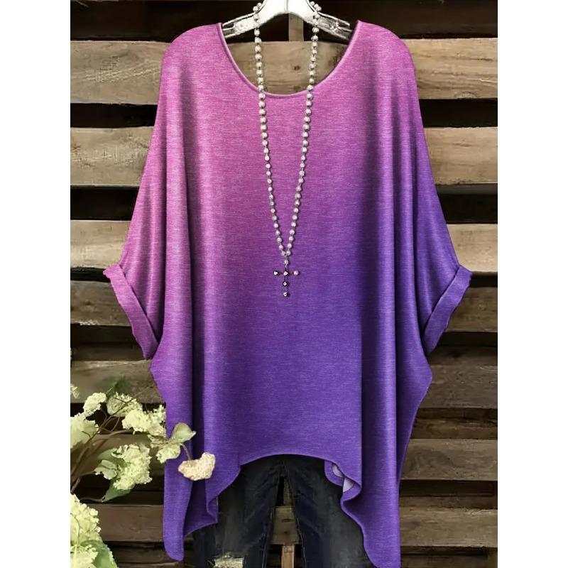 Vintage Women's T-Shirt Color Gradient Print Elegant Asymmetrical Hem O-Neck Short Sleeve Top Casual Fashion Street Outdoor Tops