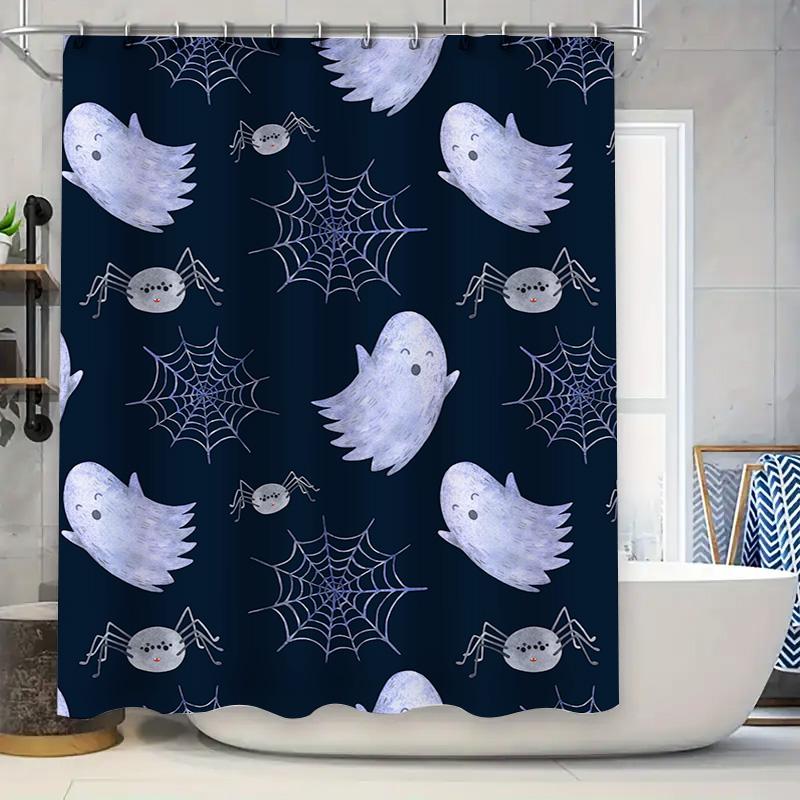 

Halloween-Themed Shower Curtain Featuring Cute Ghosts And Spiders Navy Blue Waterproof Fabric For Bathroom Decor W60H190(CM)-1 Pcs
