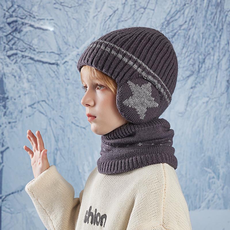 Children's Hat Scarf Suit Winter Velvet Warm Ear Protection Coldproof Knitted Wool Cap Boys Girls Pullover Cap