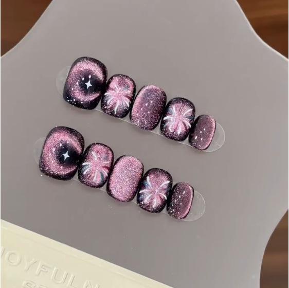 10 Pcs Purple Short Round Cat Eye Press On Nails Shiny Glitter Detachable Fake Nail Tips
