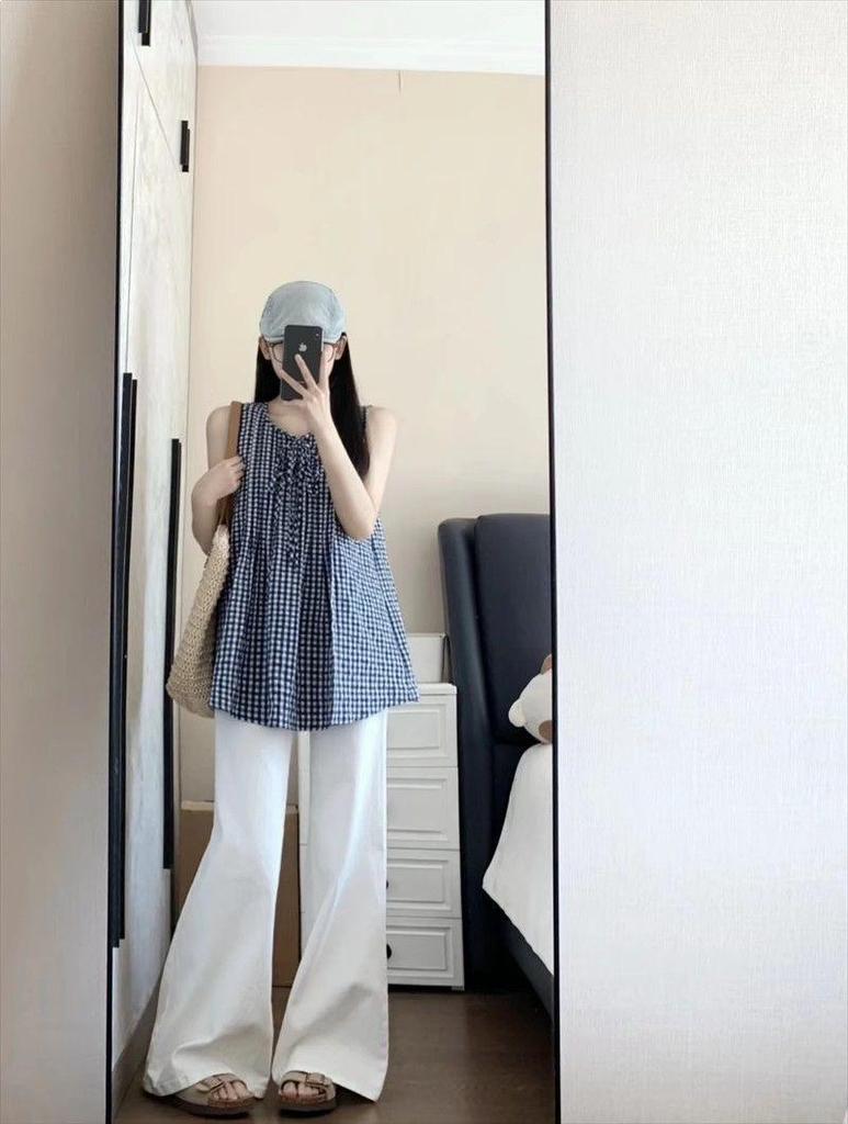 Chal de Mujer sin Mangas a Cuadros Bloque de Color con Cordones Verano 2026 - Diseño Versátil Reductor de Edad