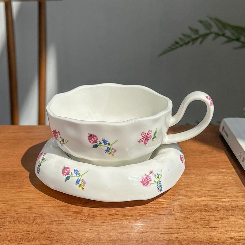 

High Footed Flower Coffee Cups and Plates Ceramic Water Cup Afternoon Tea Cup Oat Breakfast Cups Milk Mug Flower Tea Mug 201-300ml