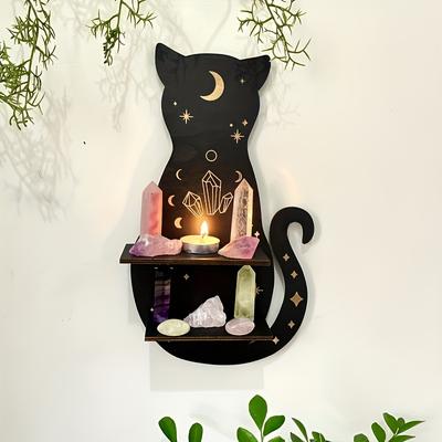 Estante de madera con forma de gato negro, estante flotante con fases lunares, soporte para cristales de chakras, soporte de exhibición de piedra, decoración de pared, decoraciones para el hogar de brujas