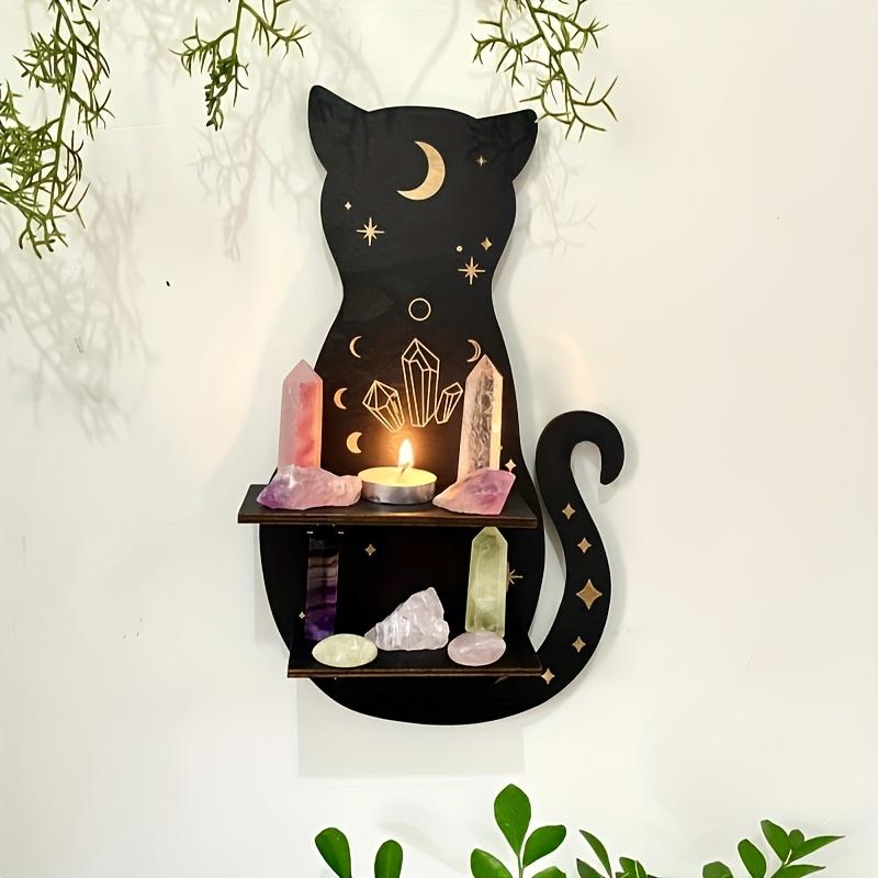 Estante de madera con forma de gato negro, estante flotante con fases lunares, soporte para cristales de chakras, soporte de exhibición de piedra, decoración de pared, decoraciones para el hogar de brujas