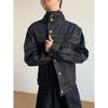 Mens Vintage Washed Denim Jacket With Stand Collar Loose Fit Moto Workwear Style Fall