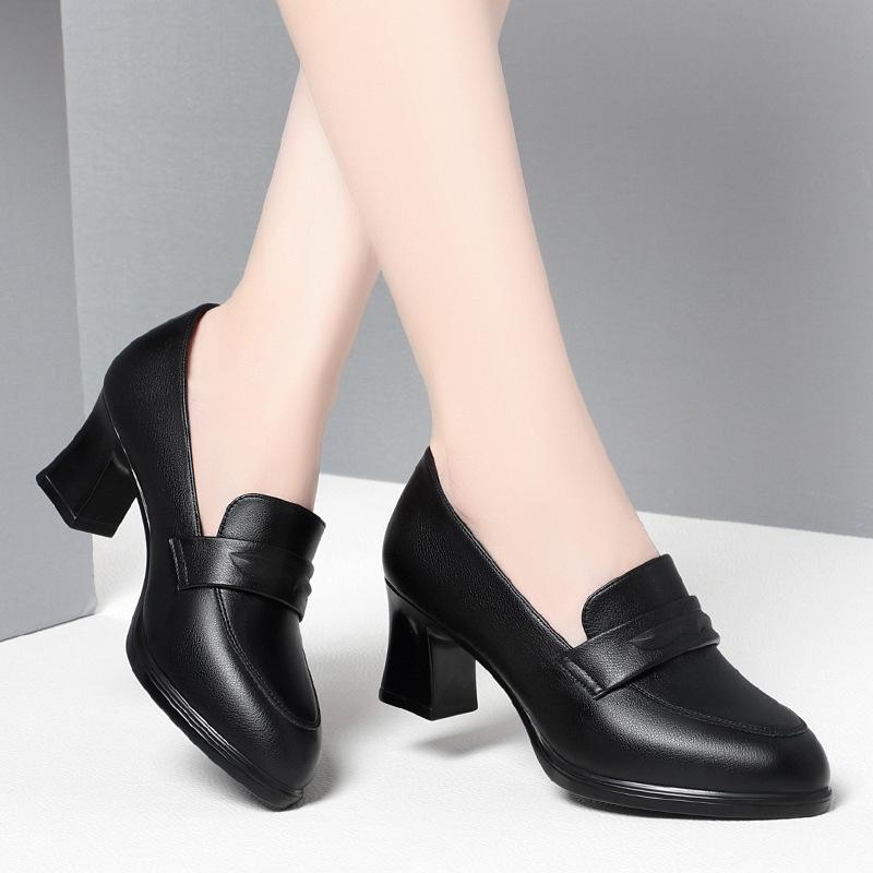 Høye hæler kvinner, vår og høst nye svarte jobbsko er ikke slitsomme, tykke hæler skinnsko pendle, sub single sko