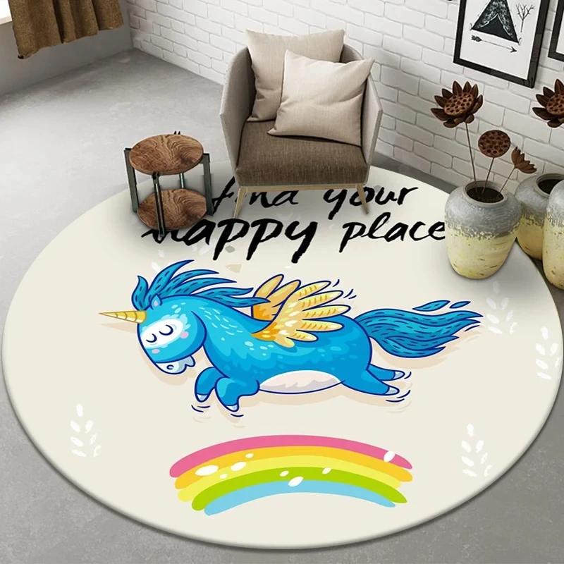 Cute Cartoon Unicorn Round Carpet Non-slip Rug for Office Living Room Bedroom Decor Soft Play Floor Mat Bathroom Kitchen Doormat