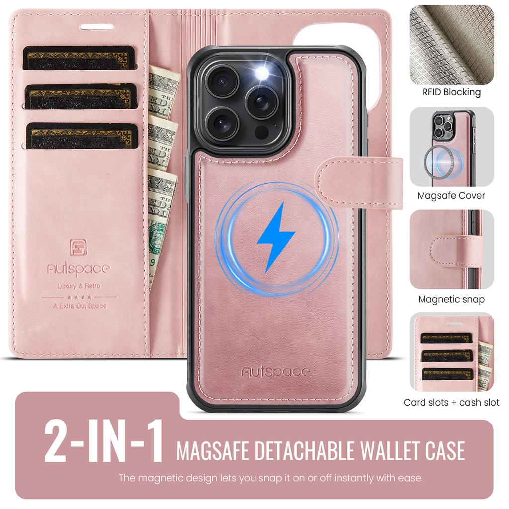 2-in-1 Magnetic Detachable Wallet Case for iPhone 15/15 Pro/15 Pro Max/15 Plus - PU Leather, Card Slots, MagSafe Charging, 360° Protection & Kickstand