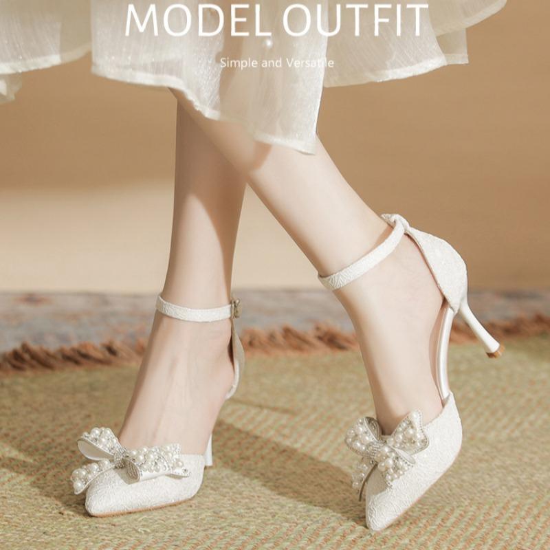 Pointed High Heels Large Size Plus Size Wide Women's Shoes Pearl Bow Single Shoes Single Buckle Hollow Sandals