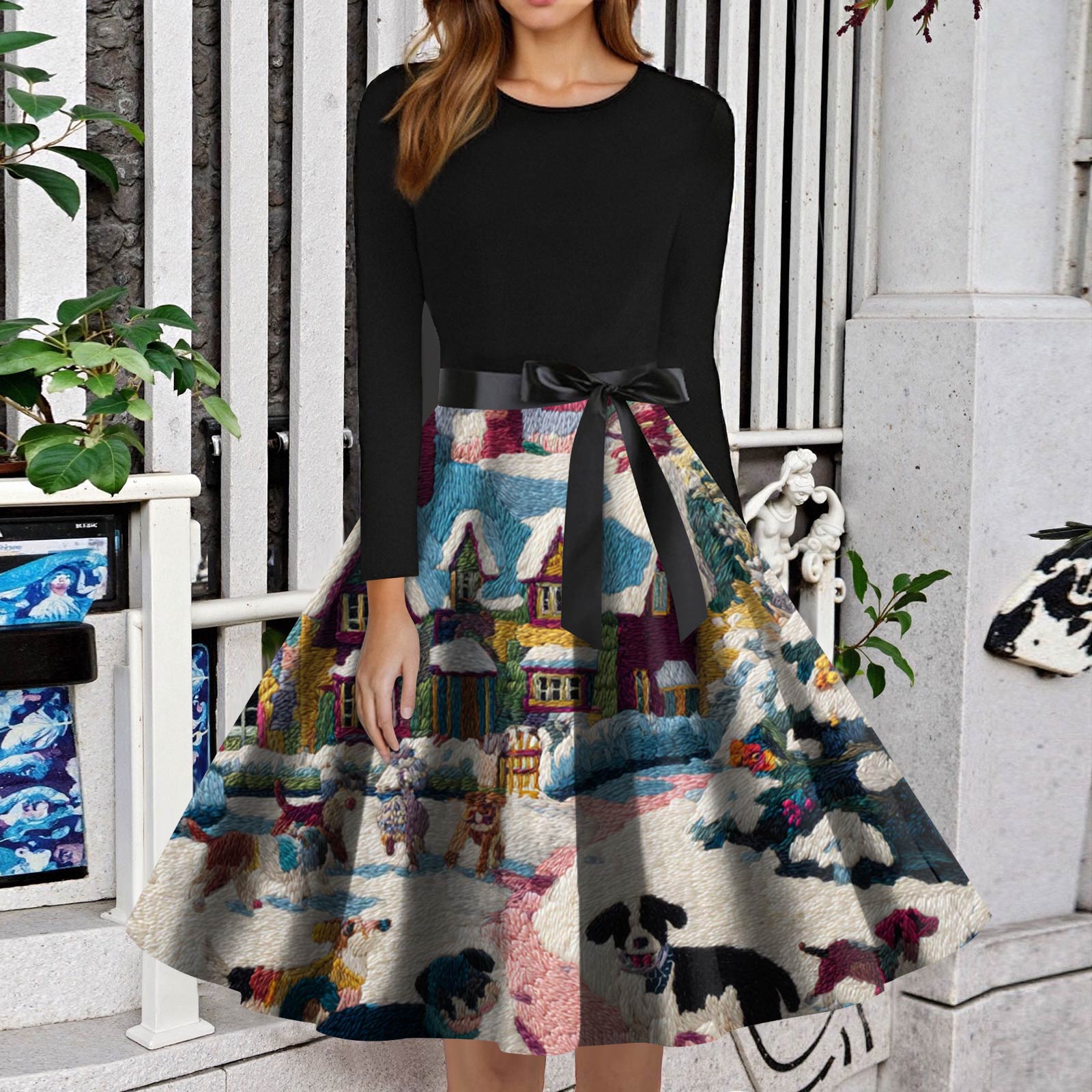 

Women s Fashion Round Neck Slim-Fit Christmas Print Long-Sleeved Dress XXXXXL