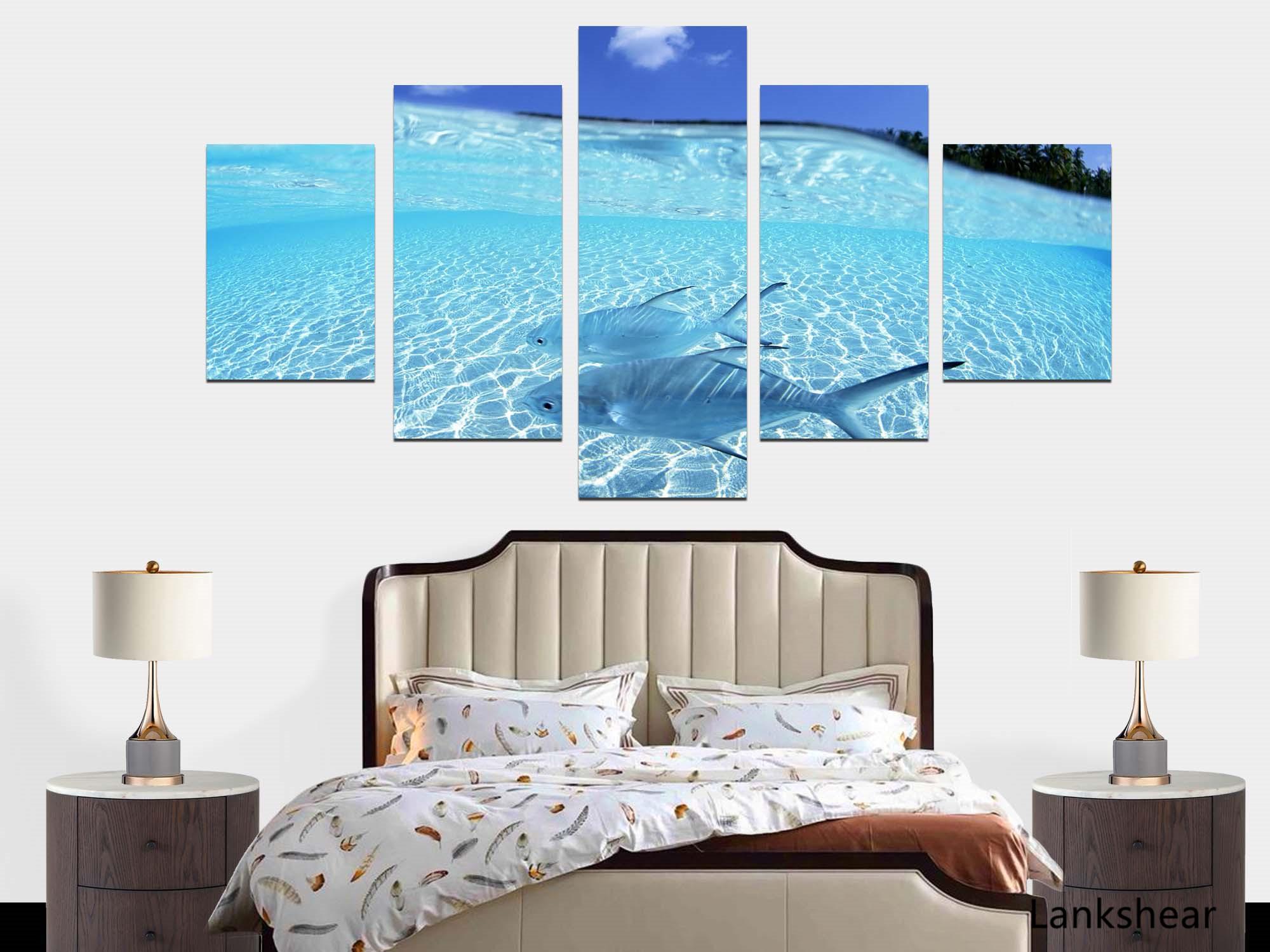 

Модульные картины, домашний декор, картины на холсте, принты, 5 шт., две рыбы, плавающие в чистой воде, для гостиной, постеры, рамки 20x35cm*2 20x45cm*2 20x55cm*1