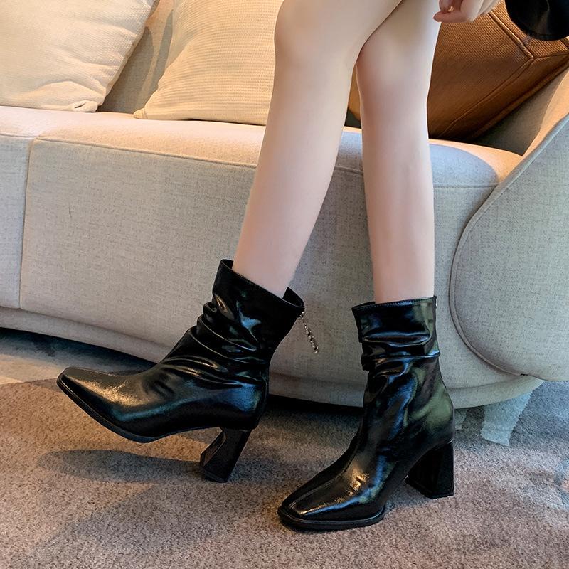 

3--Thick legs widened large tube circumference short boots women s autumn and winter 22 new pleated square head high heel large size women s shoes 35