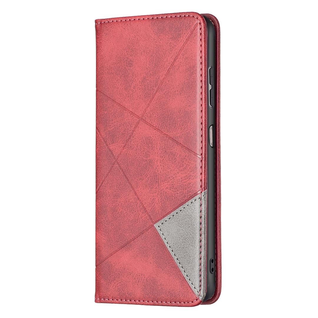 

For Nokia G21/G11 Anti-Scratch Anti-Drop Splicing Rhombus-Like Imprinting PU Leather Case Stand Magnetic Shell Cover with Card Slots Red