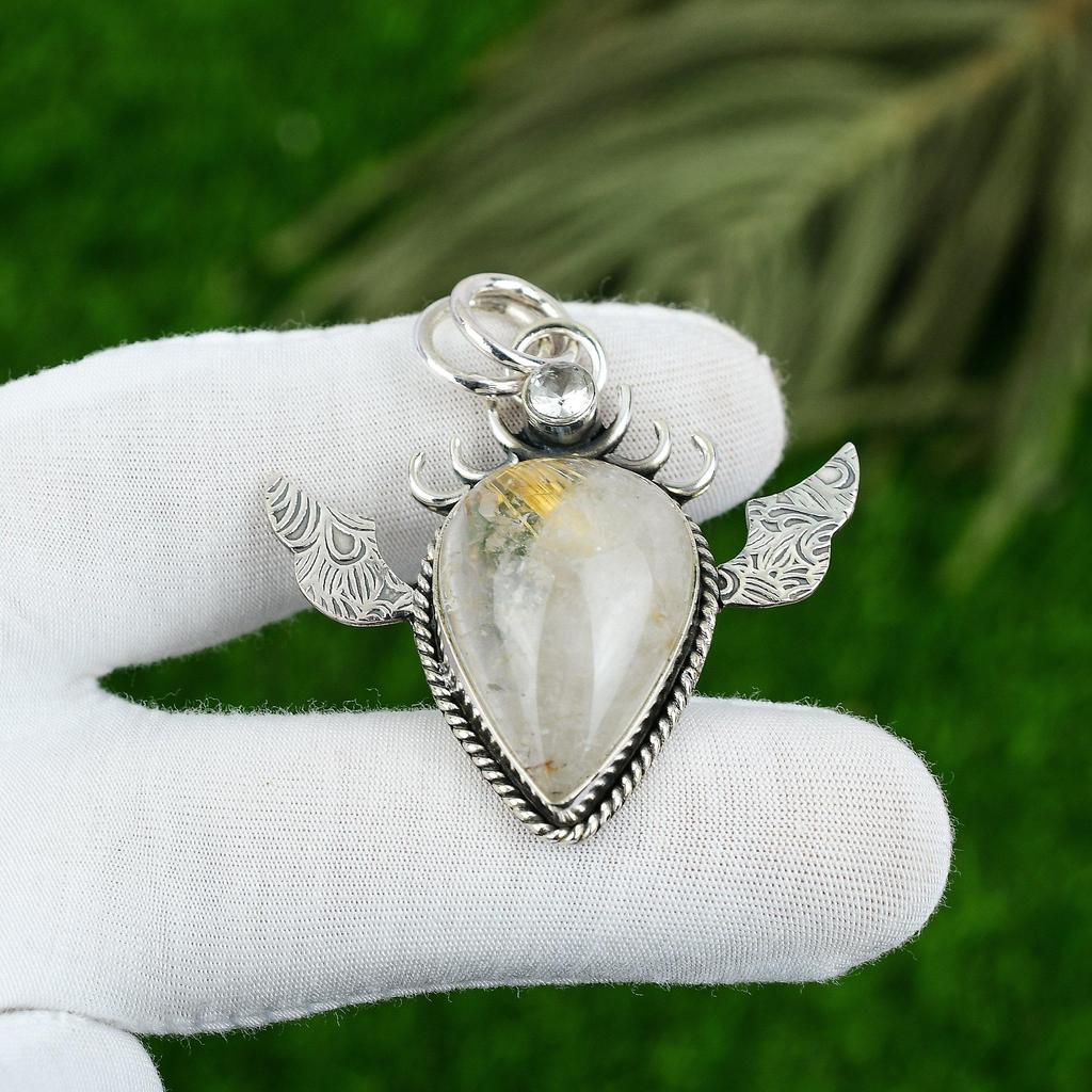 Daughters Day Sale 925 Sterling Silver Golden Rutile Stone Topaz Mother Pendant