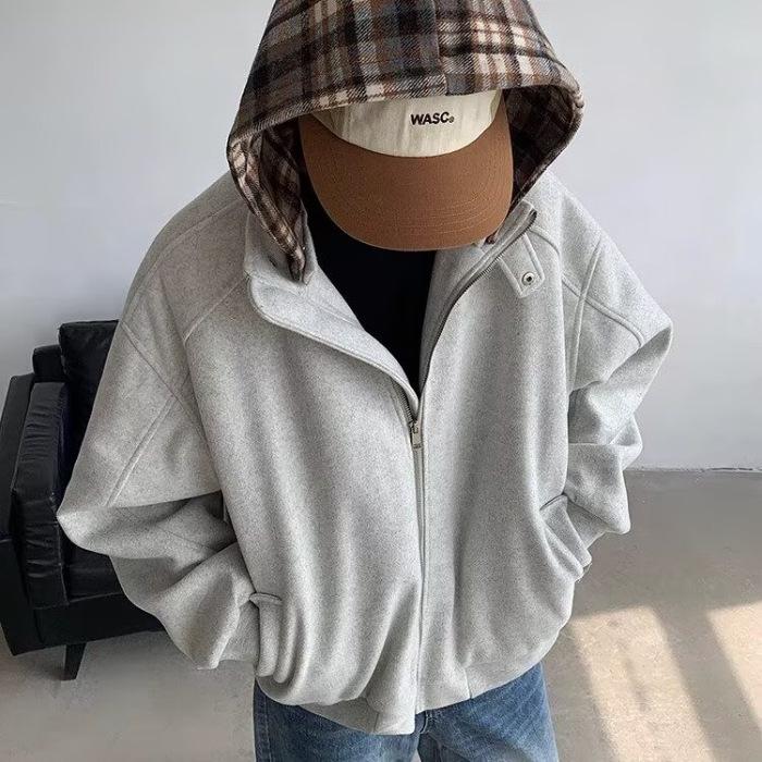 Men s Wool-Blend Short Coat with Detachable Hood - Korean Style Autumn/Winter Jacket L