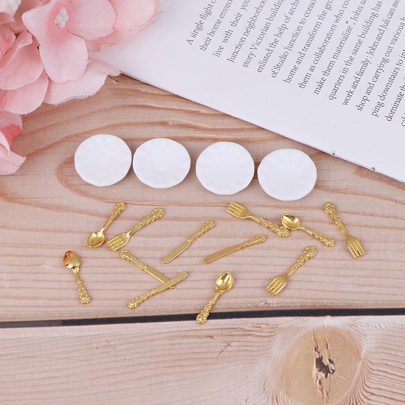 12Pcs/Set Vintage Dollhouse Miniatures Tableware Ceramic Plate Knife Fork Spoon