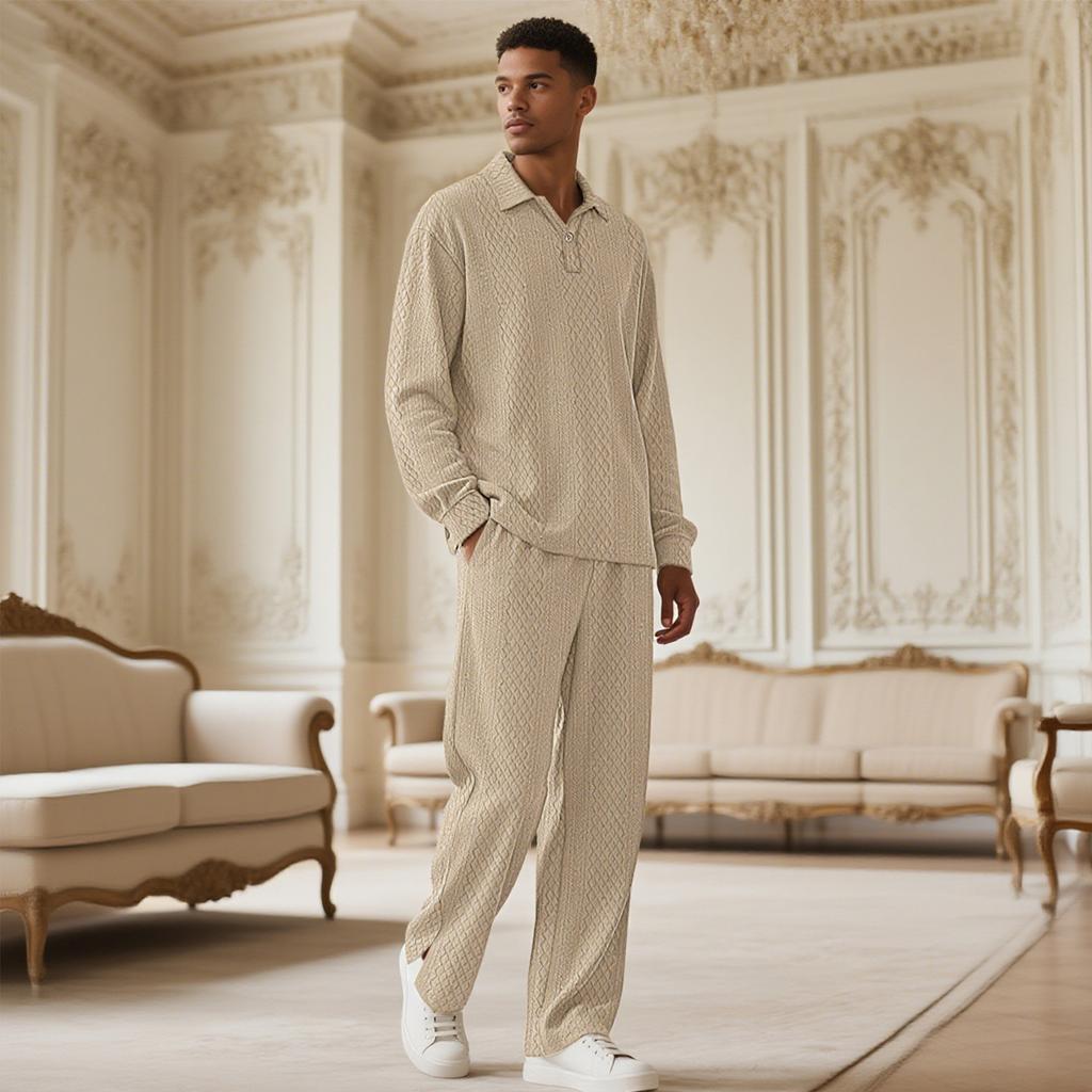 Solid-Color Textured Casual Collared Pullover Long-Sleeve Top And Pants Sports Set
