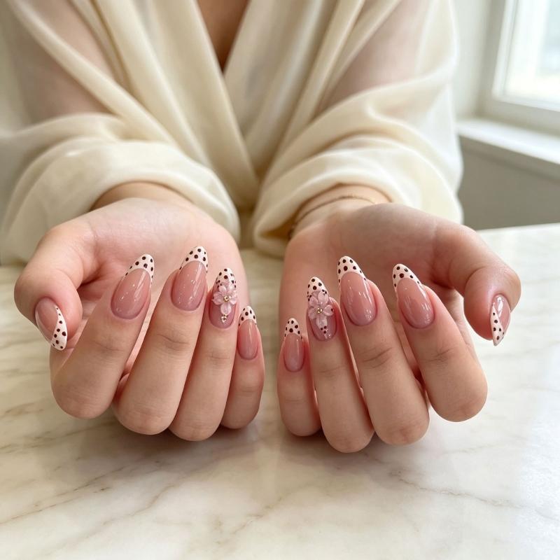 Pink French Edge Press On Nail with Colored Dot Accents, Long Pointed 30 Piece Styling Set, Adhesive Tabs and Storage Box Included