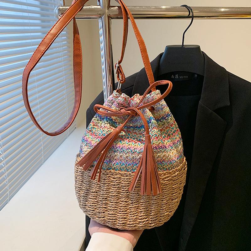 

Yogodlns Fashion Straw Bucket Bag Weave Women Handbags Drawstring Design Panelled Shoulder Crossbody Bags Casual Summer Beach Tote Purses 26x18x25cm хакі