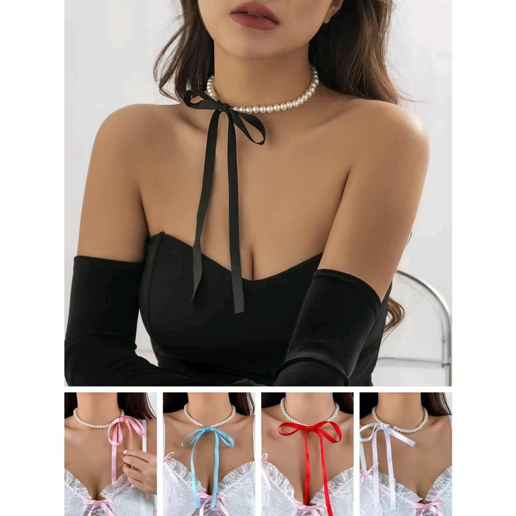 Retro Velvet Pearl Bow Clavicle Necklace & Bracelet Set