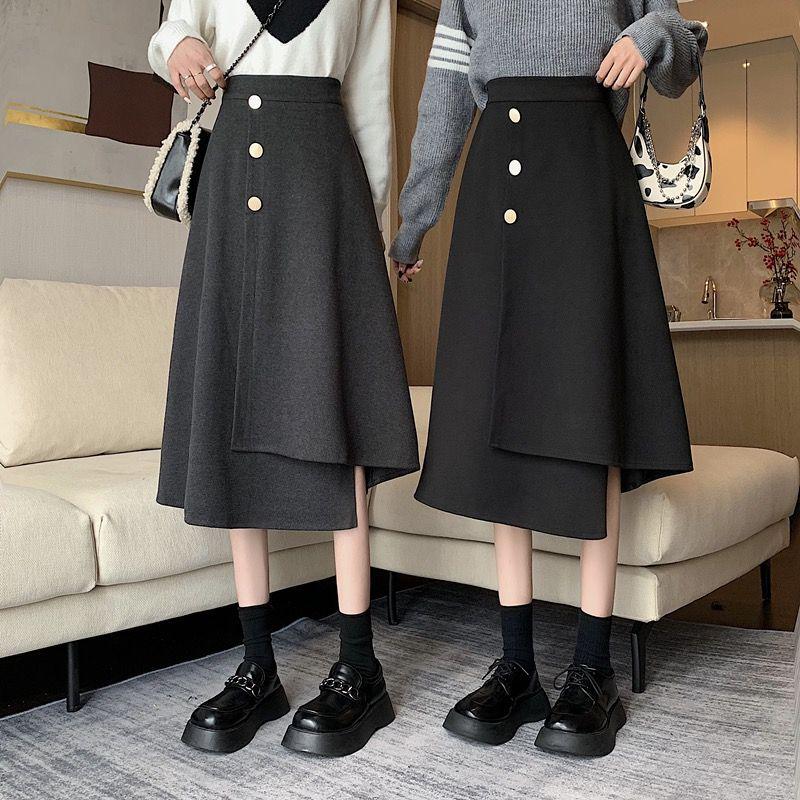 2025 Elegant Woolen A-Line Skirt: Irregular Hem, High Waist, Slimming Design for Women - Perfect for Autumn and Winter.