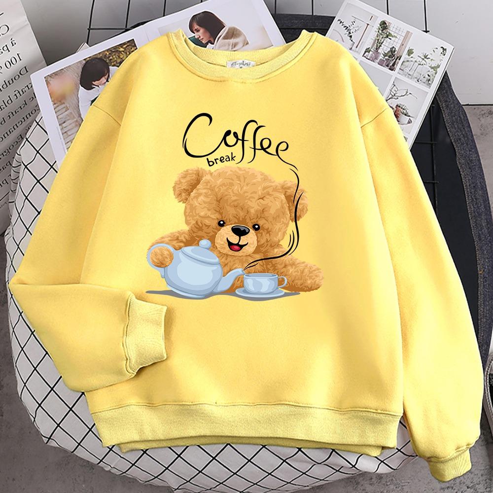 Street Casual Womens Sweatshirt Coffee Break Teddy Bear Making Coffee Print Hoodies Loose Soft Pullovers Crewneck Clothes