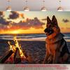 2D Flat, German Shepherd Sitting Around a Bonfire Sea View Background Cloth, Suitable for Indoor Parties, Polyester Fiber
