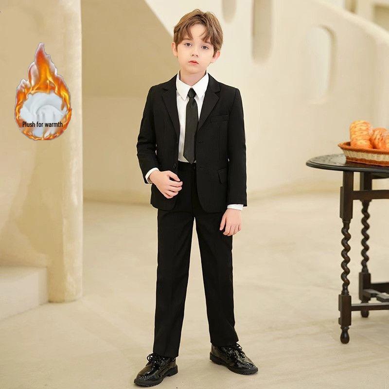 Boy's Formal Ensemble: Fleece White Shirt, Black Suit Pants, Vest, Page Boy Overalls, Performance Costume