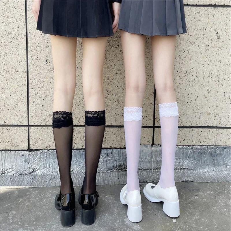 JK Woman Socks Cute Black White Lolita Long Socks Summer Thin Knee High Socks Fashion Cosplay Sexy Nylon Transparent Stockings