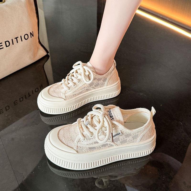 Popular Versatile Thick-soled Lace Thin Casual Board Shoes Women's 2025 New Summer Net Shoes Breathable Little White Shoes Women