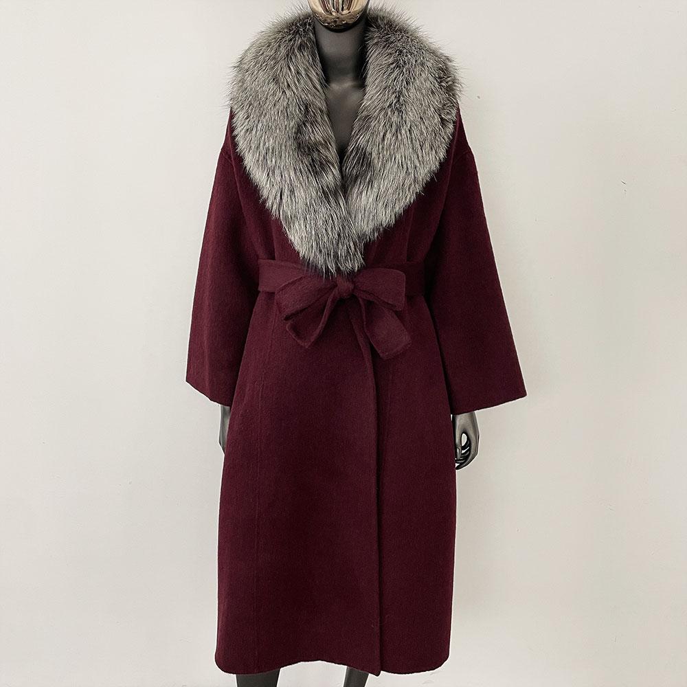 OFTBUY Kabát z pravé kožešiny 2024 Nadměrný dámský svrchní oděv Zimní dámská bunda s límcem z přírodní liščí kožešiny Kapuce Kašmírová vlněná směs Kabát