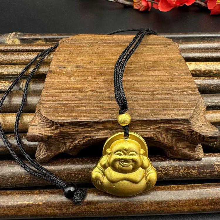 Vietnamesischer Sandgold Buddha Anhänger: Vergoldetes Maitreya Flammen Design