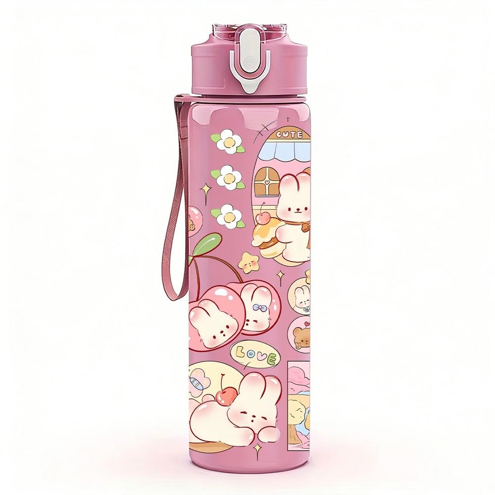 1PC Soft Pink Floral Girl Print 750ml Color Plastic Sports Water Bottle Leakproof Flip Straw Lid Suitable for Sports Office Home Use