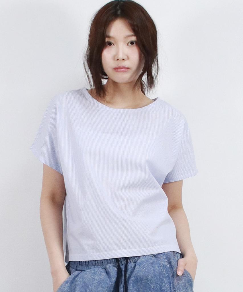 Deumakeu Stripe Mini French Short Sleeve Shirt Blue