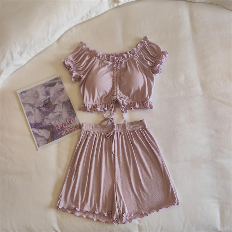 Women's Summer Puff Sleeve Modal Pajamas Set with Integrated Breast Pads - Sexy Pure Desire Homewear