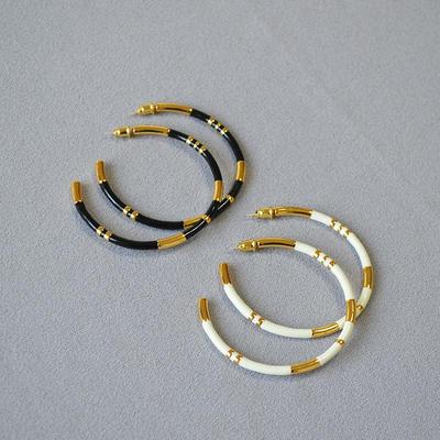 Gold-Plated Handmade Enamel Bamboo Hoop Earrings with 925 Silver Needle