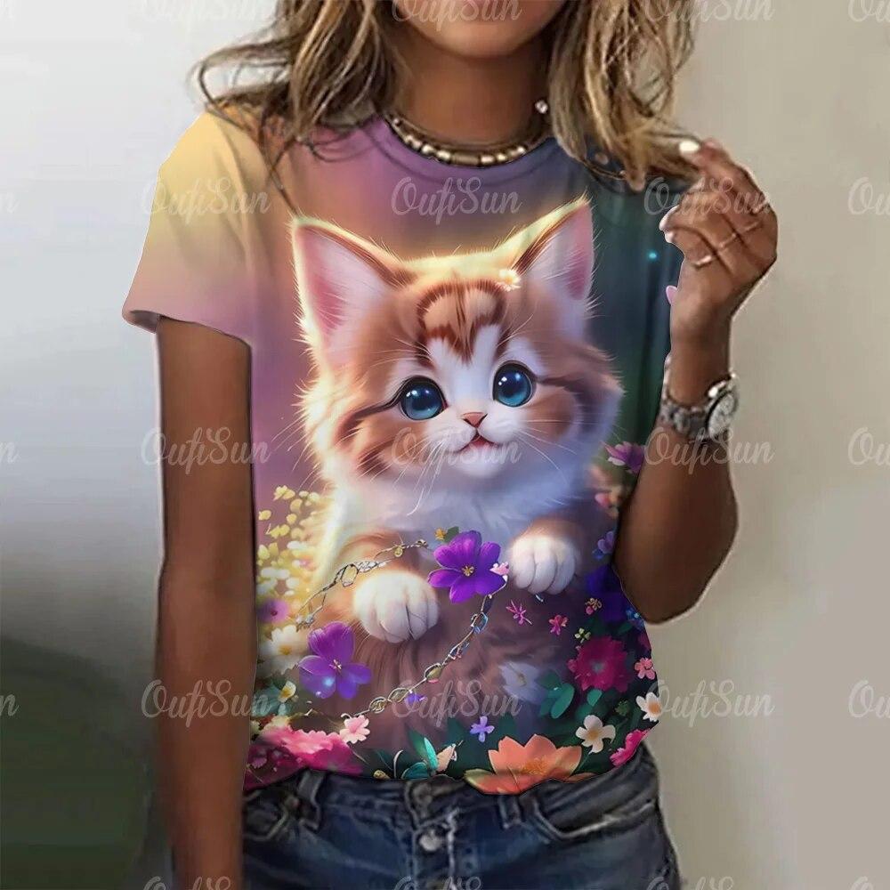 Summer Fashion Women's T-Shirts 3d Cute Cat Print Harajuku T-Shirt Short Sleeve Casual Kawaii Girls Tee Oversized Woman Clothing