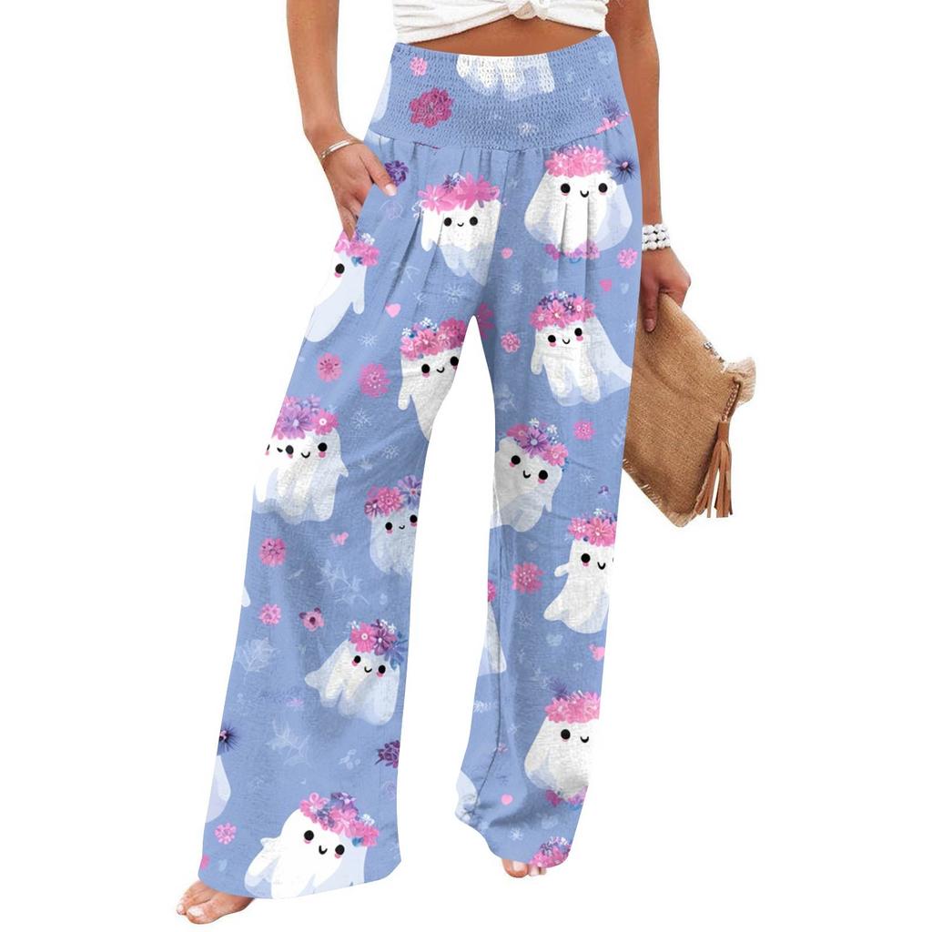 Women's Casual Time Straight Leg Pants Print High Waist Pants With Pockets