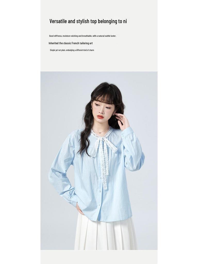 2026 Spring Lace Tie Loose Collar Long Sleeve Women's Shirt