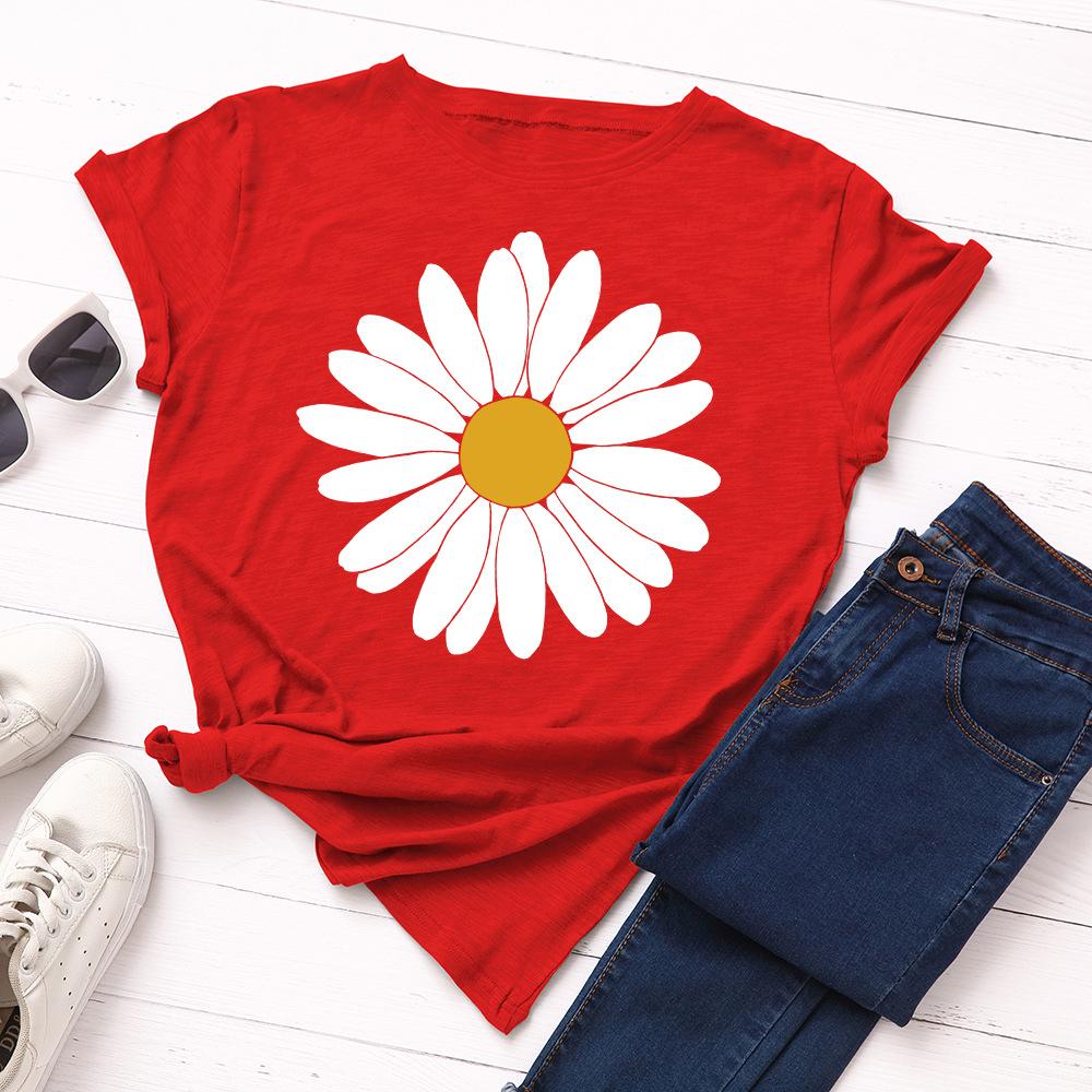 Big Sun Flower Cotton T-Shirt Short Sleeve Round Neck Women 2d Print Tops