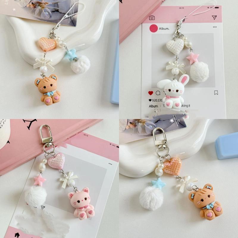 Niedlicher Hase Kätzchen Bär Anhänger Schlüsselanhänger Flauschige Kugel Schleife Perle Handykette Anti-Verlust Lanyard Kawaii Taschenanhänger Geschenk